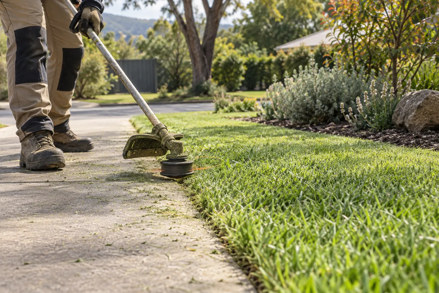 Lawn edge being trimmed neatly beside a concrete garden path