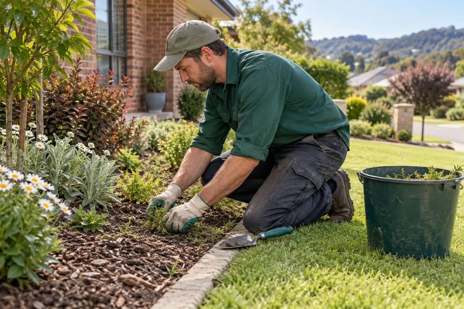 Gardener removing weeds by hand from a residential garden bed