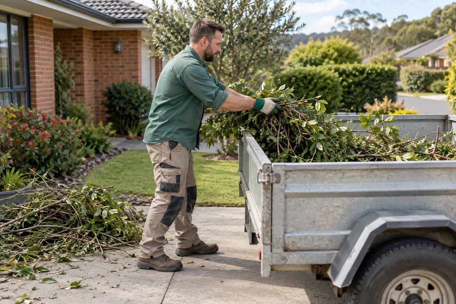 Gardener loading leafy cuttings and small branches into a garden trailer