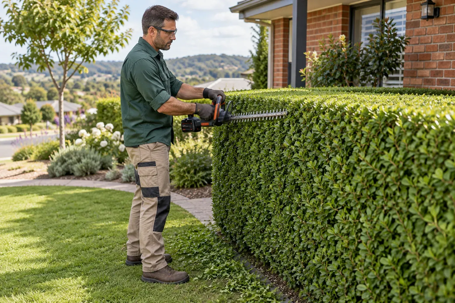 Gardener shaping a green hedge with a cordless hedge trimmer